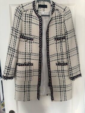 Zara Cream Tweed Plaid Long Jacket